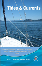 Tides and Currents course cover book with bow of sailboat looking out over water